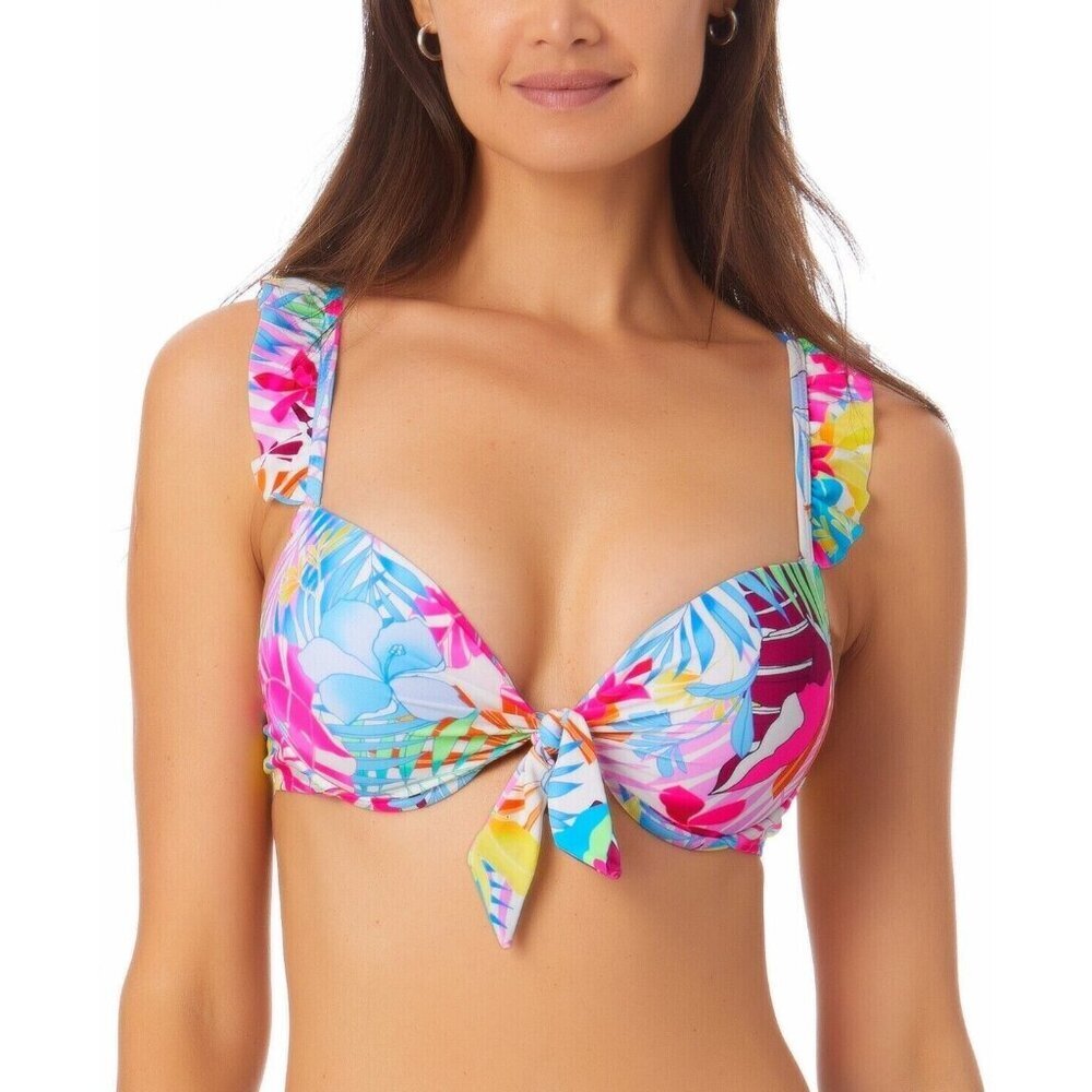 California Wave Junior XL Heavy Padded‎ Bikini Swim Top Multi Palm Ruffle NWT